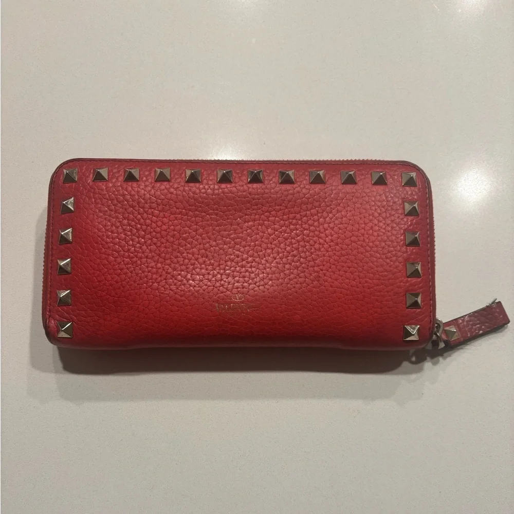 Valentino Rockstud Red Studded Zip-Around Leather Wallet